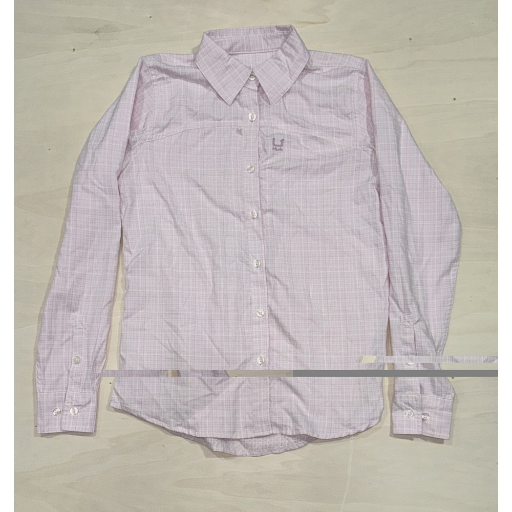 Huk Women's Tide Point Long Sleeve Fishing Shirt Size XS Light Pink Plaid